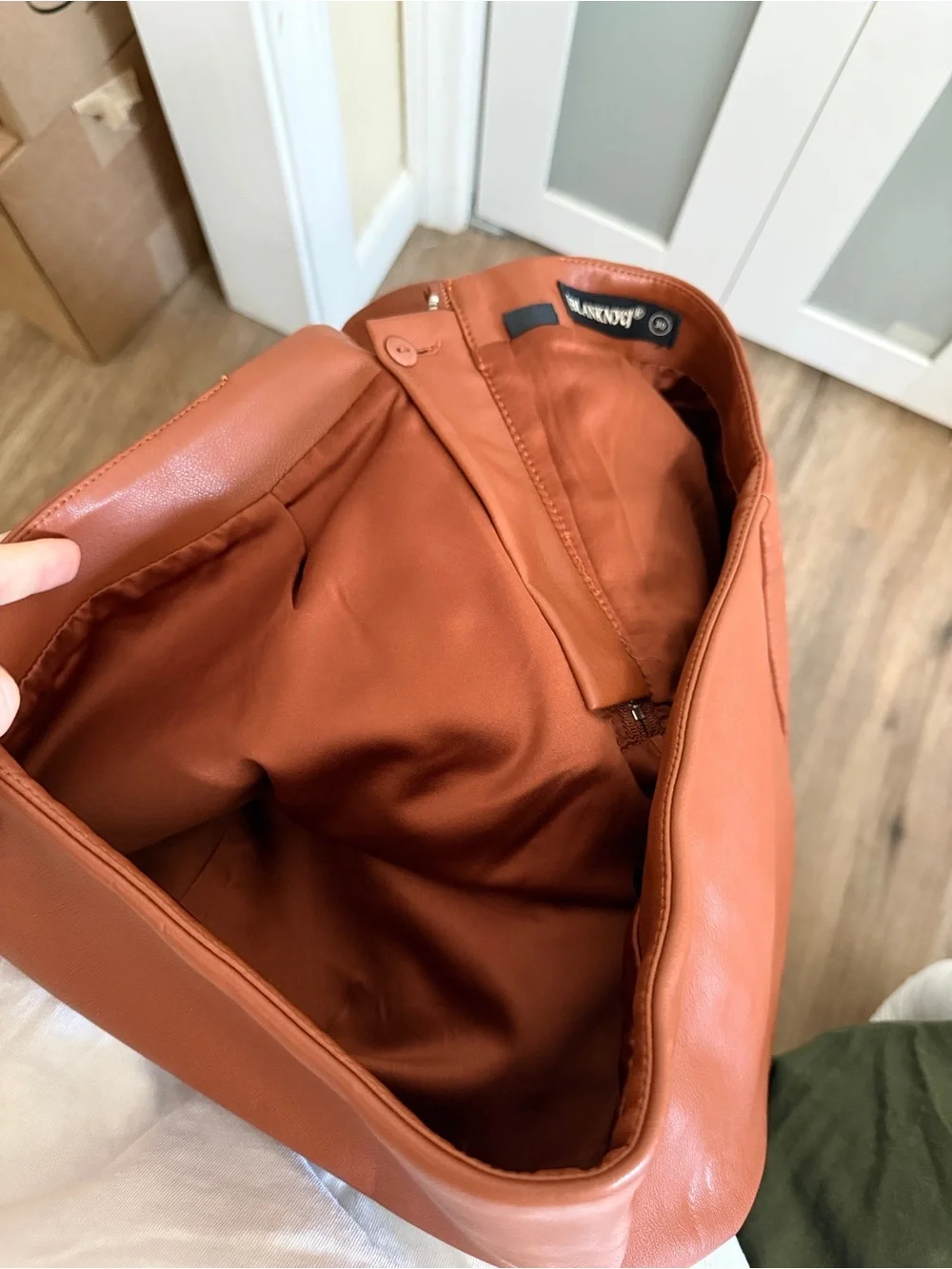 Burnt Orange Rust Brown High-Rise Faux Leather Asymmetrical Fall Mini Skirt